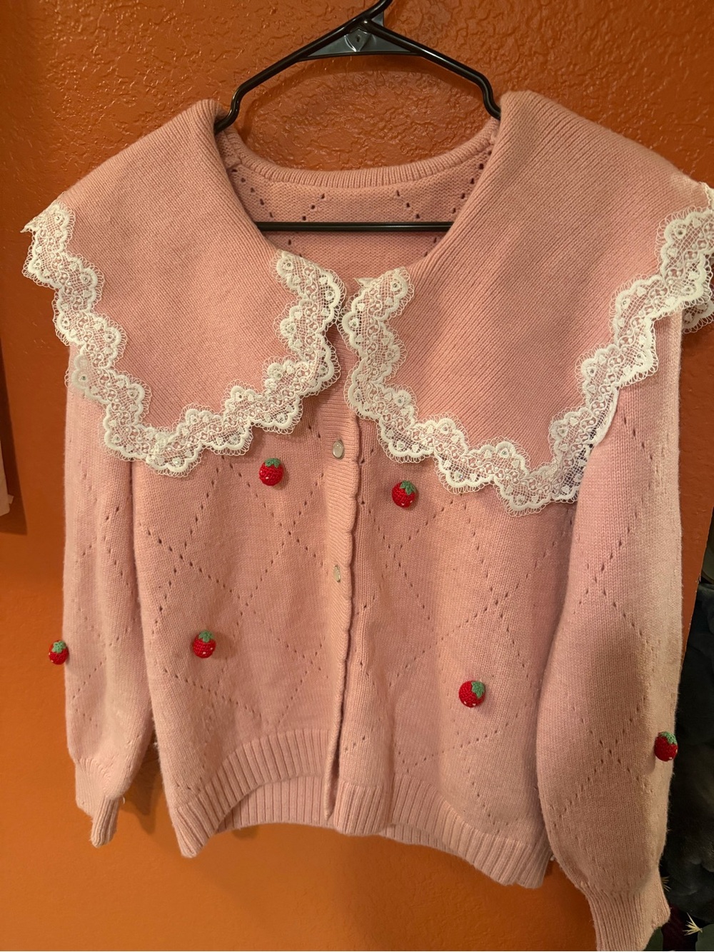 Pink Lace-Collar Sweater Cardigan with Strawberry Appliqués